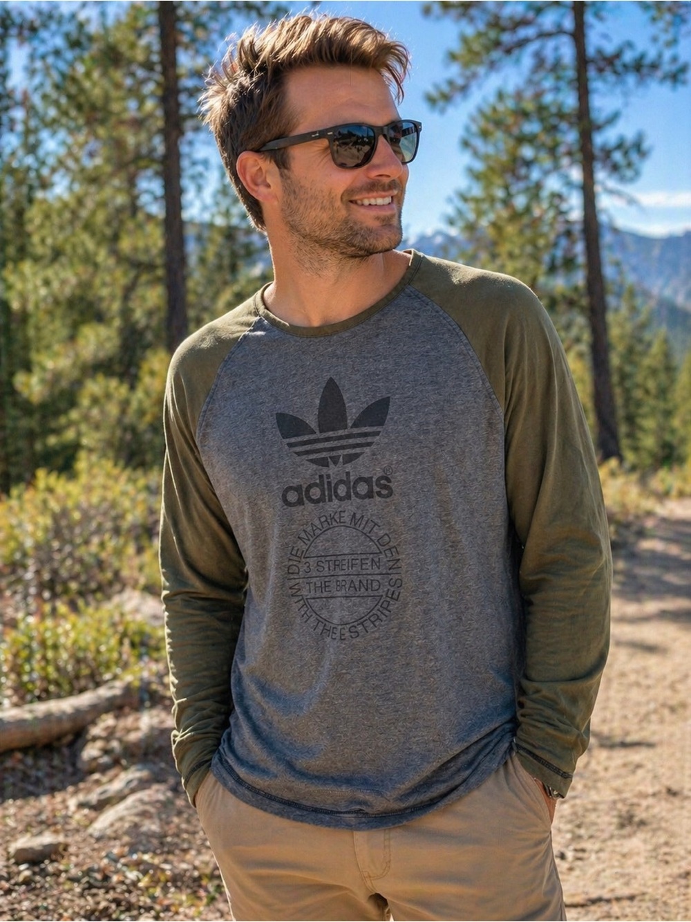 Adidas Originals Trefoil Raglan Shirt Men’s Medium Grey Green Long Sleeve